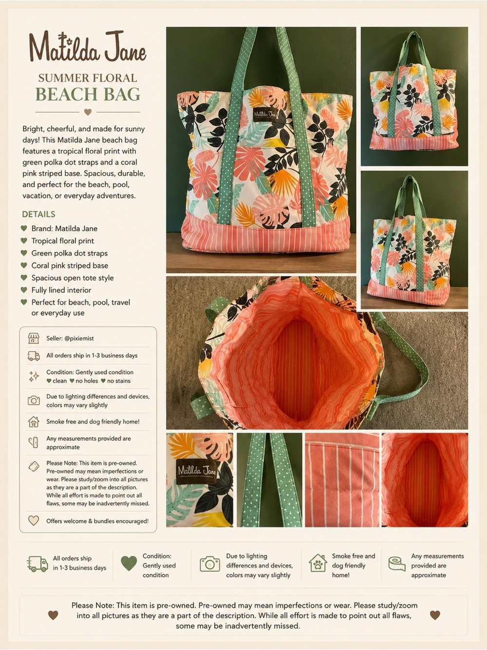 Matilda Jane Tropical Floral Tote in Coral Pink & Green Polka Dot